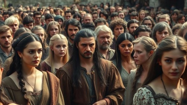 A somber historical gathering depicting people in rustic attire.