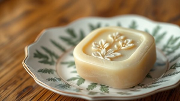 Decorative homemade soap with floral imprint on a patterned plate, natural lighting.
