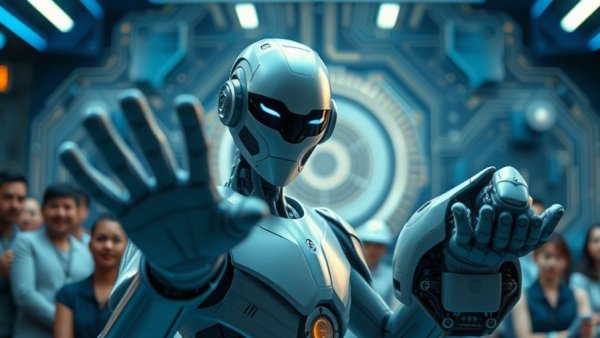 AI-powered contact center solutions with futuristic android.