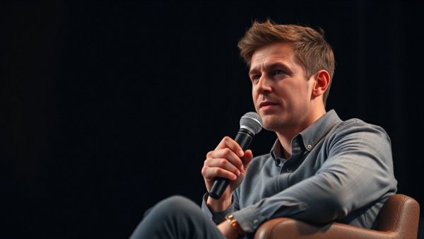 Man discussing Kalshi legal troubles on a stage with a microphone.