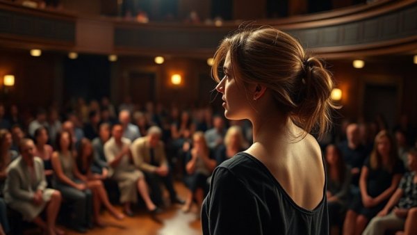 Young actress passionately performing Antigone in a theater setting.