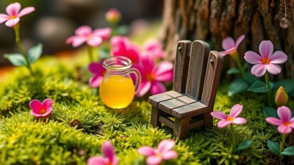 Fairy garden ideas with miniature chair and lemonade on moss.