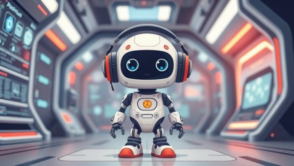 Cartoon robot with headphones in front of tech interface.