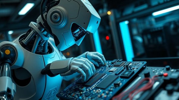 High-tech robotic assistant assembling circuitry in a futuristic lab, depicting Conversational AI in Workforce Intelligence.