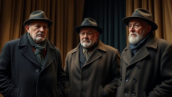 Theatrical rehearsal of Waiting for Godot with serious expressions