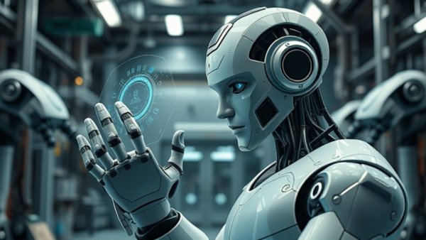 Futuristic robot analyzing holographic data in industrial AI governance layer