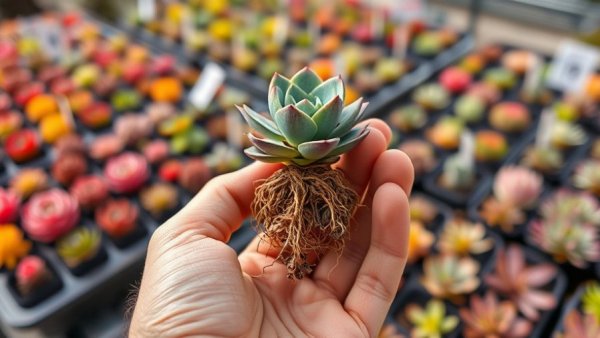 Close-up of succulent cutting with roots, trays in the background.