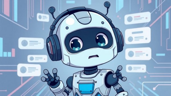 Cartoon robot in digital chat interface for Google Chat History Search