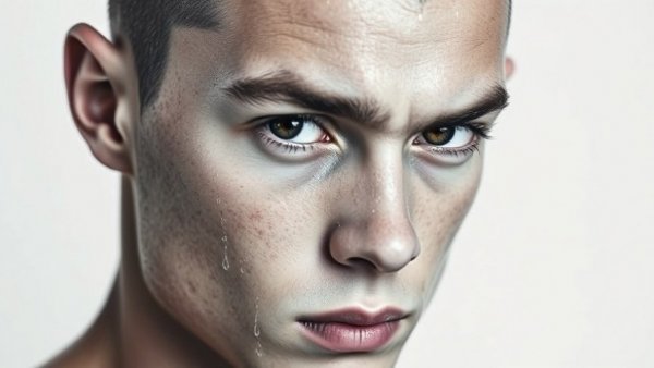 Intense close-up of a young man with a shaved head, lifelike.