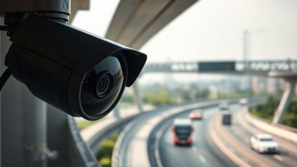AI in Home Security Systems: Advanced camera on overpass tracking vehicles.