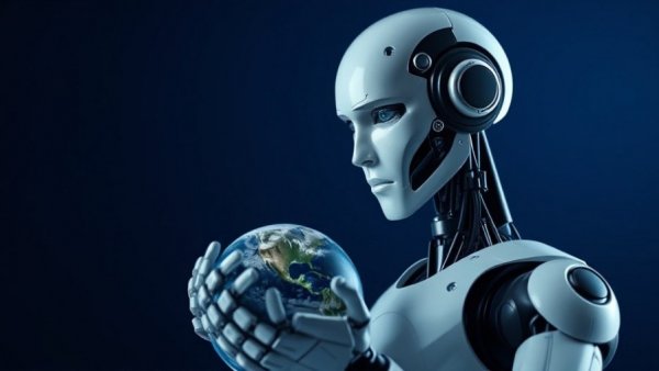 AI-powered robot holding digital Earth, showcasing technology.