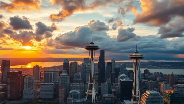 Seattle skyline with Space Needle at sunset, hot tub buying guide for Seattle.