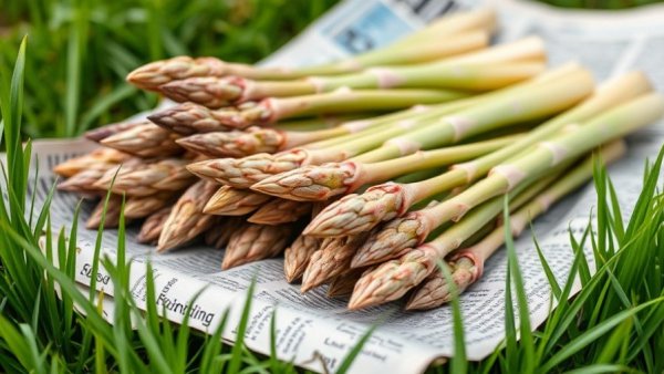 Asparagus crowns prepared for planting on newspaper in grass.