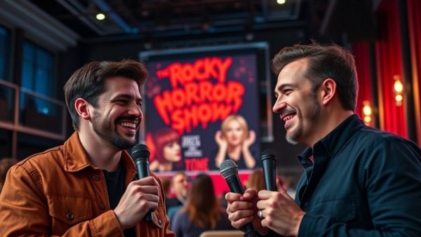 Two men smiling in an interview at a theater event about Luke Evans Broadway debut.