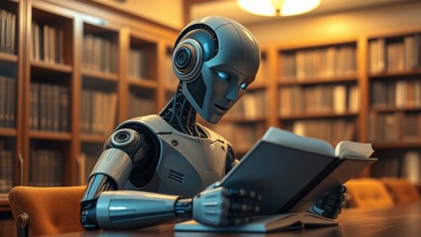 Futuristic robot reading a book at a desk, AI Assistant for Document Automation Workflows.