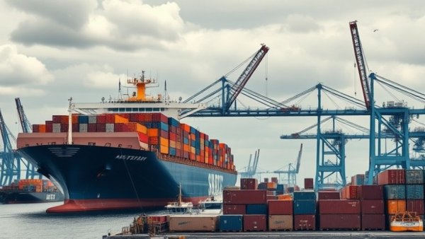 Cargo ship at port logistical operations for tariff refund process.