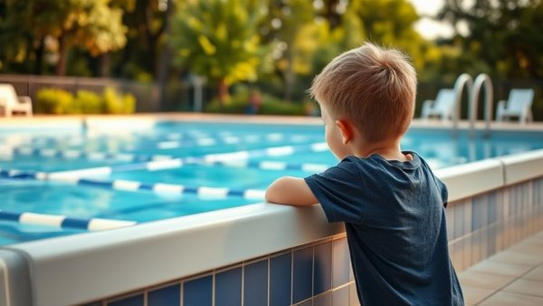 Child leaning on pool safety barrier, emphasizing backyard safety features.