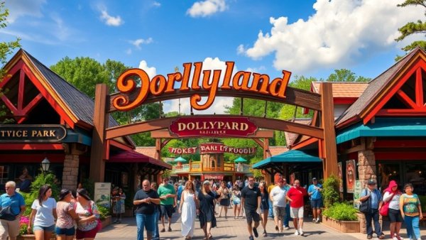 Dollywood entrance busy with visitors, Things to Do in Pigeon Forge and Gatlinburg.