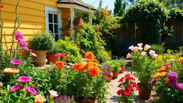 Vibrant plants in lush garden near house with gardening grants.