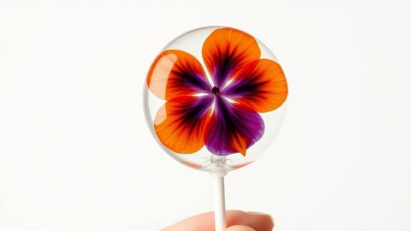 Edible flower lollipop with a vibrant design held by hand.