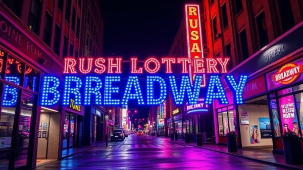 Neon Broadway Rush Lottery sign with reflective street.