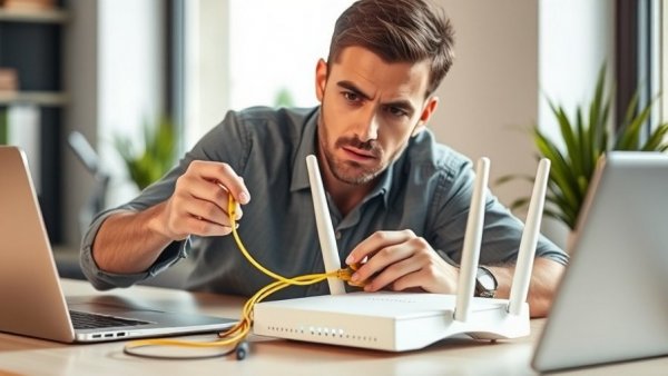 Person configuring a router, highlighting network security concerns.
