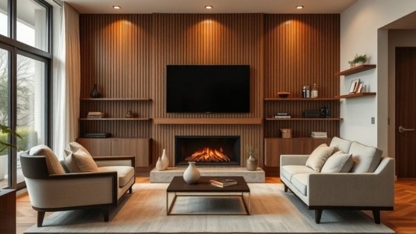 Stylish living room with modern acoustic design and warm lighting.