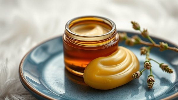 Amber jar of all-purpose herbal salve on blue plate.