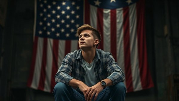 Dog Day Afternoon Broadway review stage scene with young man and flag.