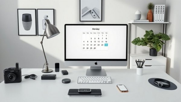 Modern desk setup highlighting CEDIA Integration Industry Calendar with tech gadgets.