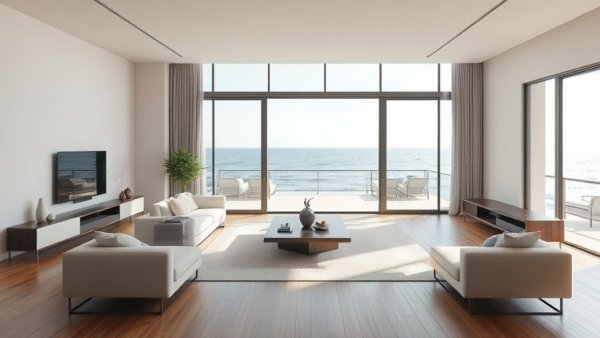 Luxurious living room with ocean view and automated drapery solutions.
