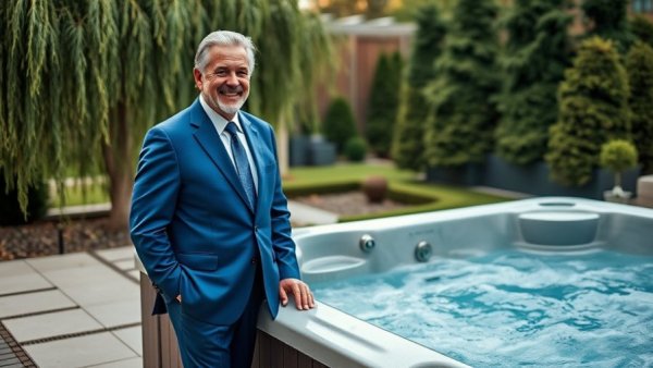 Terry Valmassoi smiling outdoors near hot tub, serene garden backdrop.