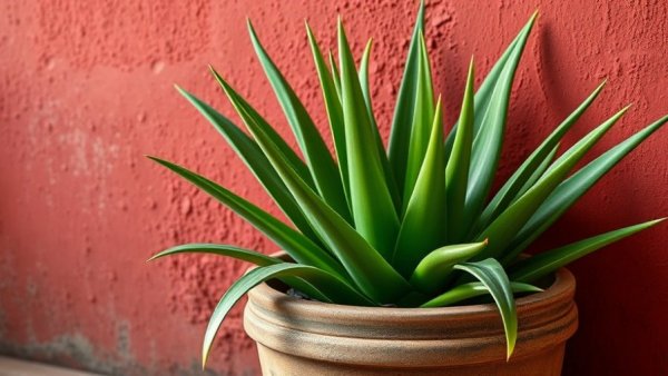 Lush aloe plant in a clay pot against a red wall, aloe plant care tips.