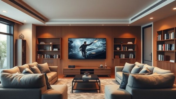 Modern living room with flat-screen TV displaying action scene.