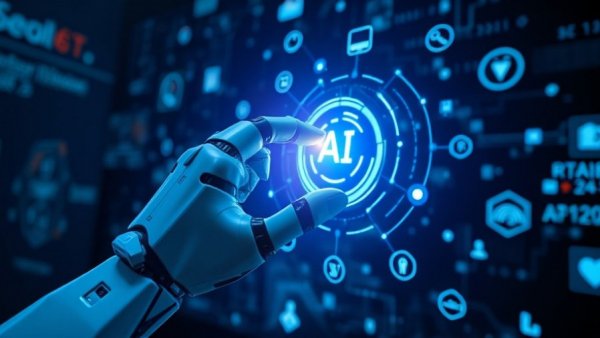 Futuristic robotic hand in digital AI development interface, custom AI development services.