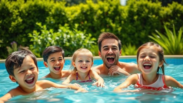 Family enjoying a pool day, Hydro-Québec LogisVert Program setting