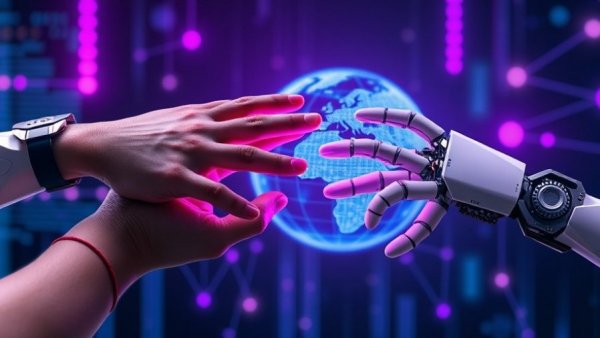 Futuristic connection of human and robotic hands with digital globe, symbolizing sovereign AI at the edge.