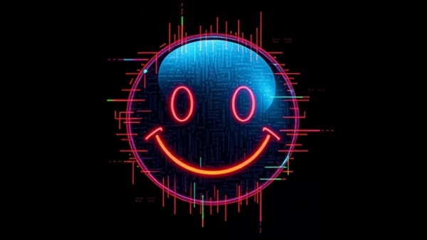 AI emotional intelligence symbolized by glitchy emoticon.