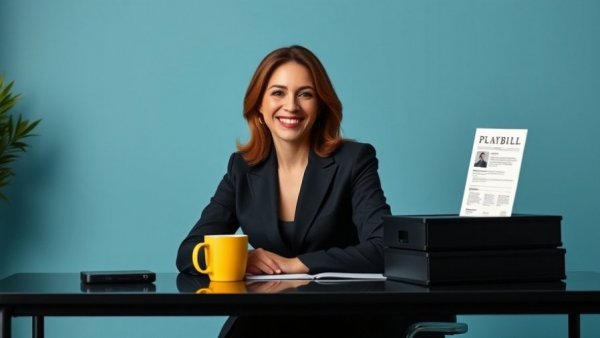 Lea Michele in dark suit with playbill on desk, related to Broadway journey.