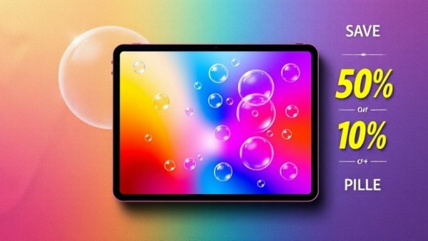 Discounted iPad A16 display with colorful gradient background.