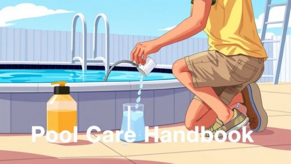 Pool care handbook cover depicts pool chemicals.