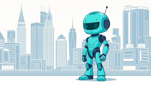 Teal robot alongside urban schematic Aqara P100 multifunctional sensor illustration.