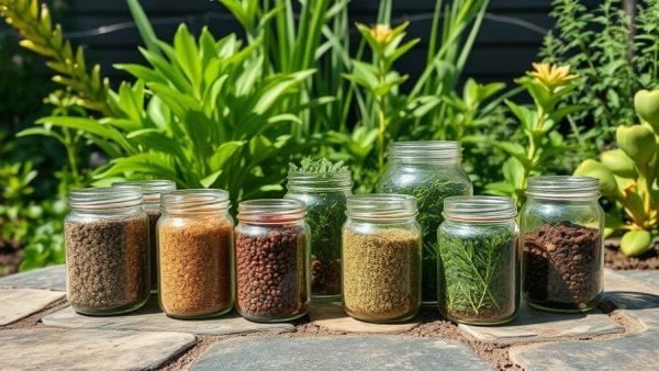 Homemade organic fertilizer recipes for outdoor gardens in glass jars.