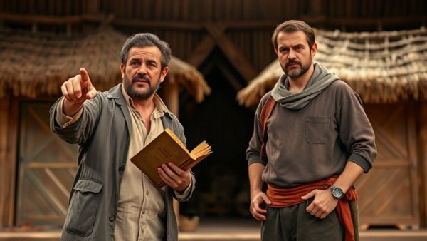 Two actors in The Book of Mormon 15th Anniversary stage scene.