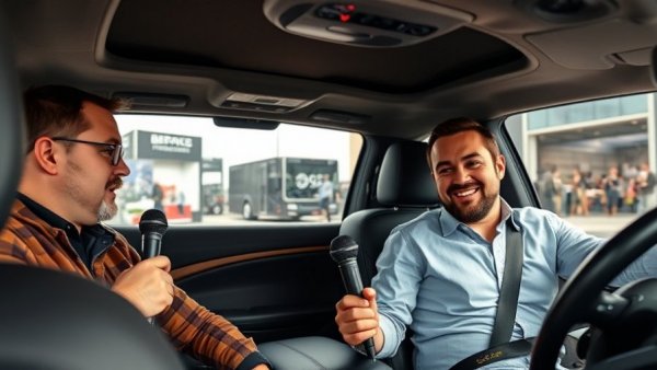 Two men discussing technology inside a car at an expo.