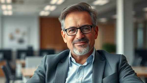 Middle-aged man discusses *Death of a Salesman* archetypes in an office.