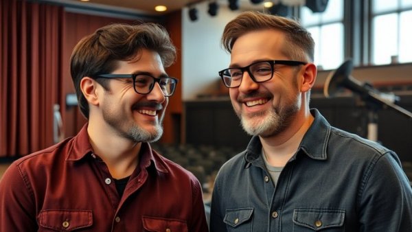 Work Ethic in Theatre: Two men in a theatre rehearsal setting.