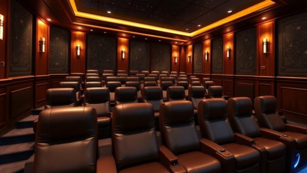Stylish luxury home theater with seating, reference-grade cinema experience.
