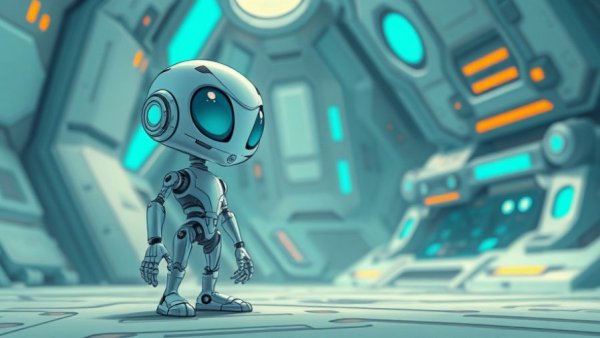 Cartoon robotic alien in a futuristic setting with geometric designs, hidden Nintendo Switch RPGs