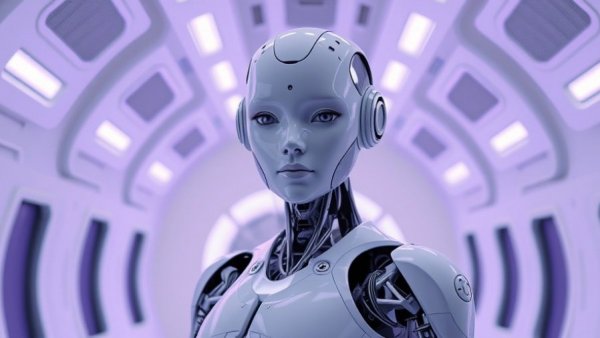 Humanoid robot for household tasks in a futuristic setting.